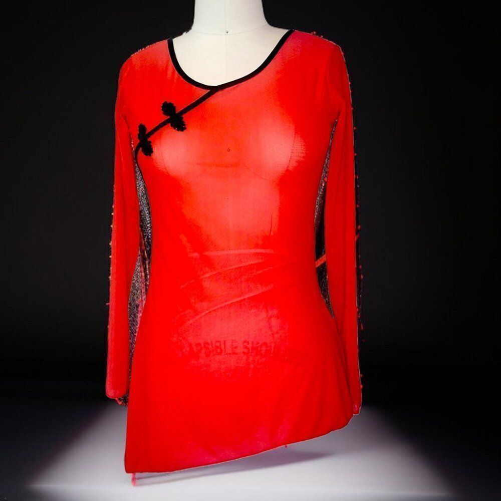 Sheer Red Mesh Asymmetrical Long Sleeve Mandarin Collar Trim – Modern Y2K top